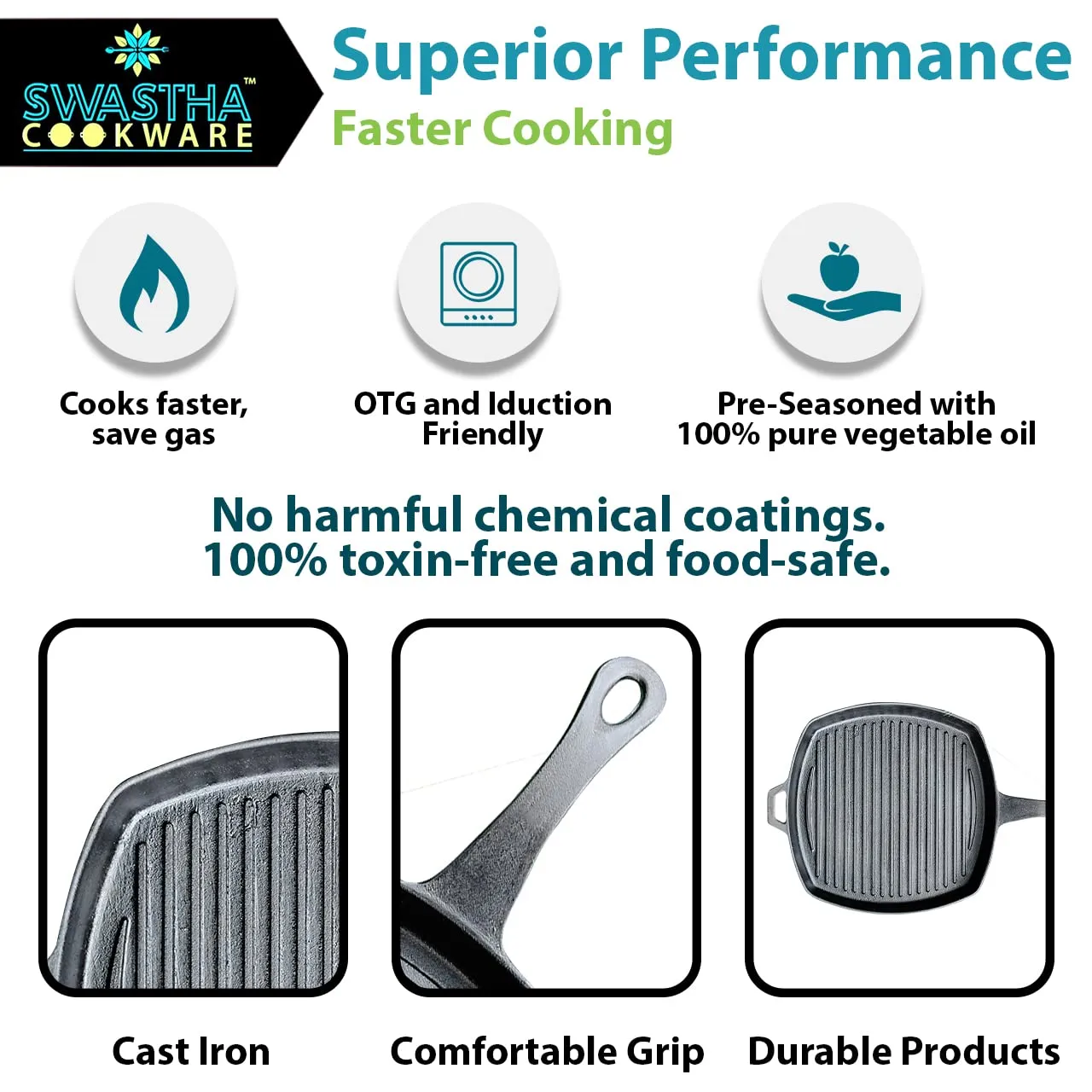 10" Grill Pan Made of Cast Iron | Pre-Seasoned And Ready to Use | OTG Friendly
