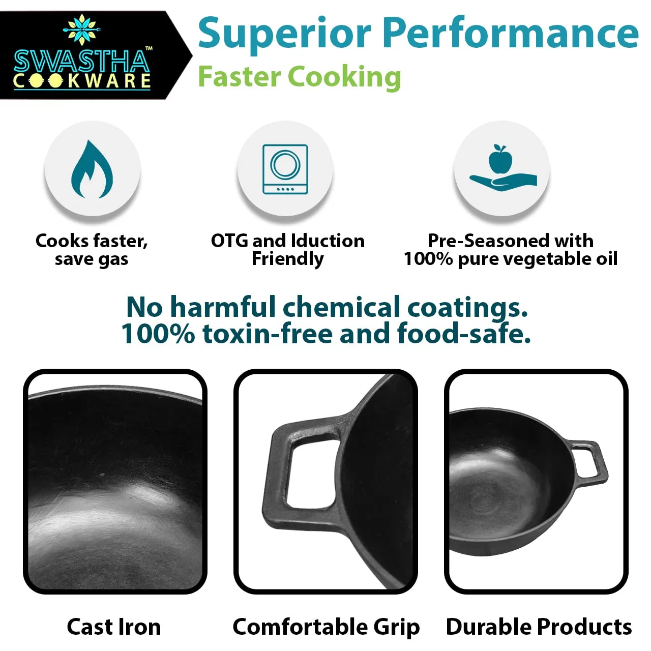 10" Large Kadhai | Cast Iron | OTG & Induction Safe | Pre Seasoned & Ready