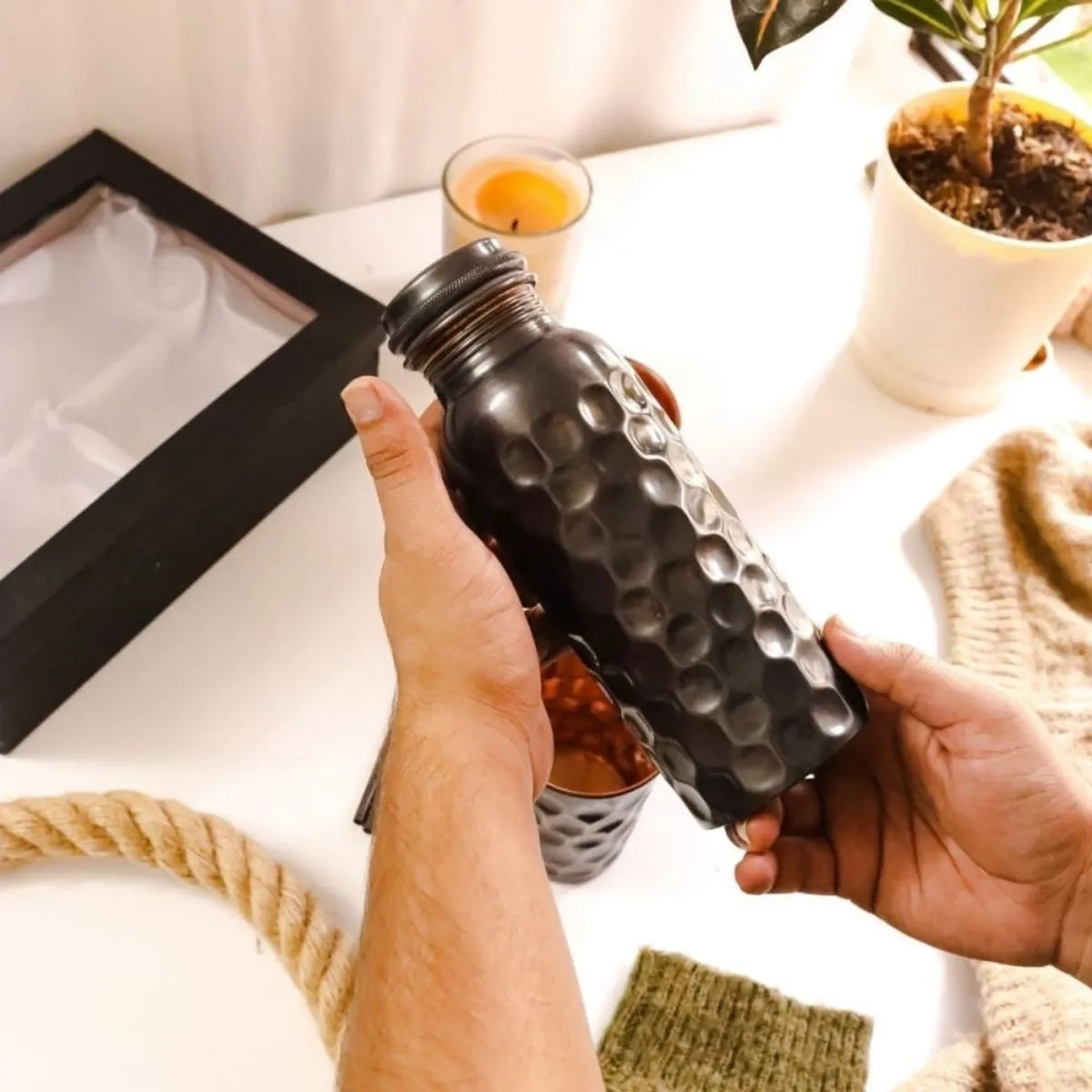 Black Copper Bottle With Coir Cleaning Brush | Diamond Craved Drink Ware