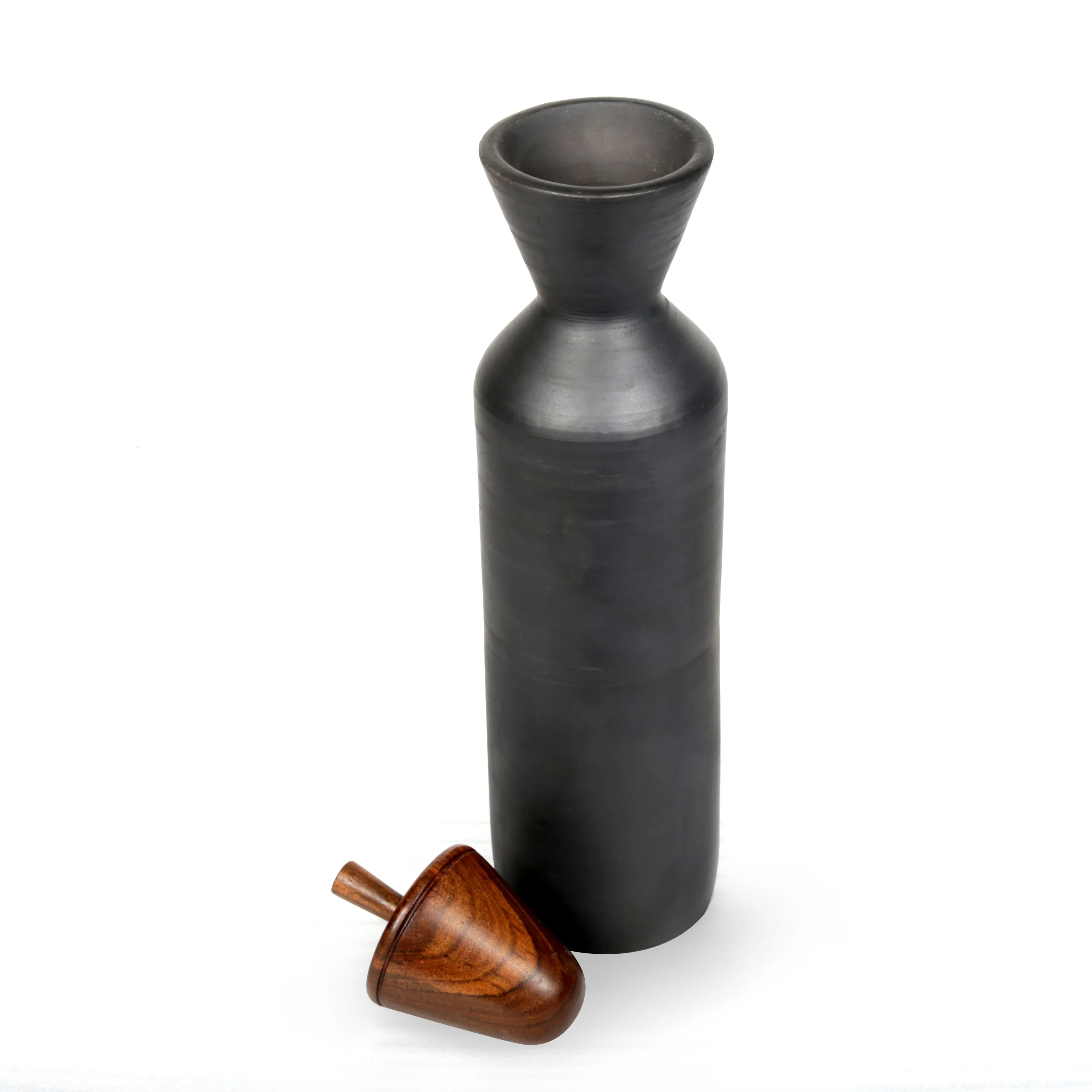 Black Terracotta Maahi Kool Water Bottle With Wooden Lid | Earthen Clay