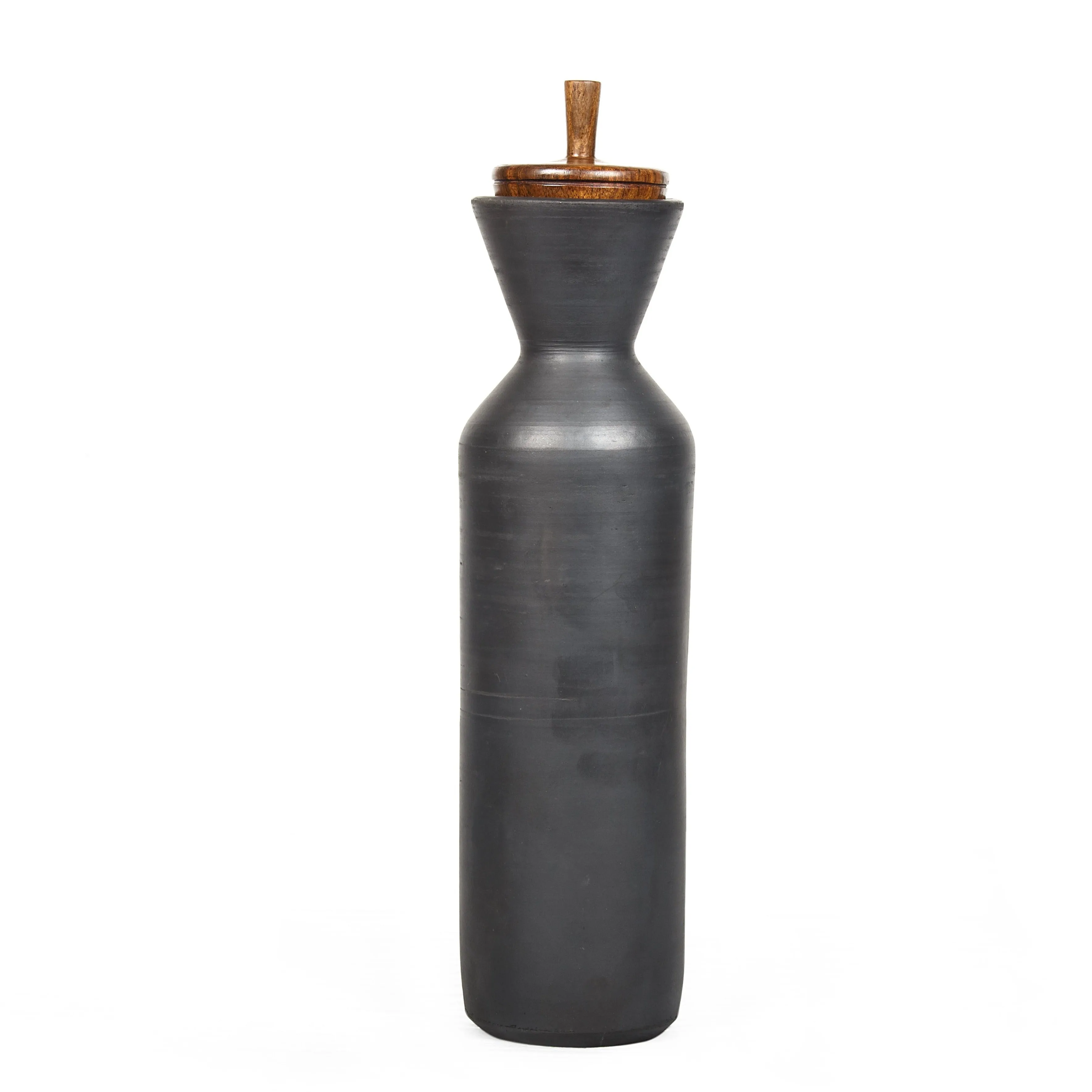 Black Terracotta Maahi Kool Water Bottle With Wooden Lid | Earthen Clay