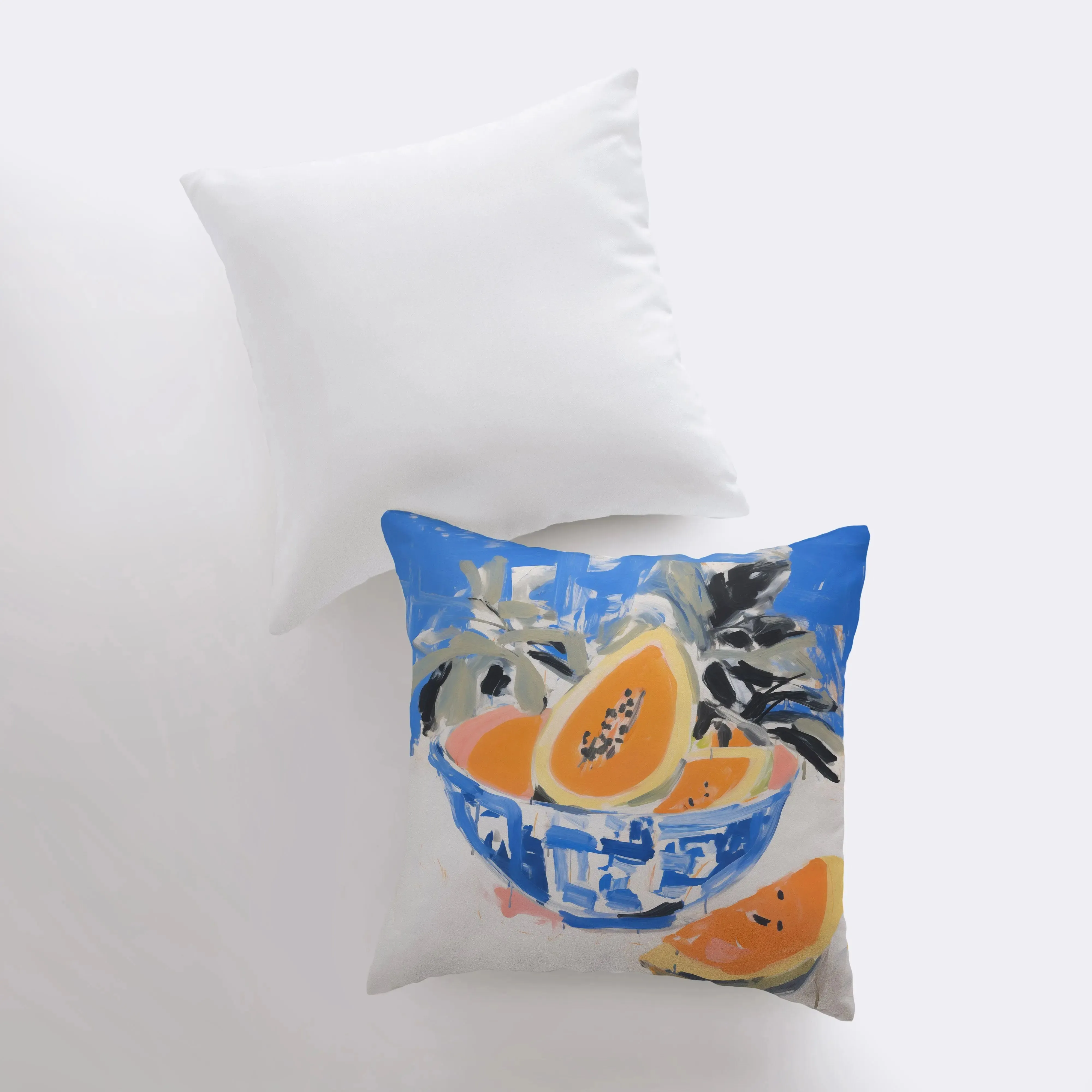 Blue Papaya Bowl | Gouache Painting | Food Pillow | Fruit Abstract Still Life | Throw Pillow | Home Decor | Gift for Her | Pillow Cover