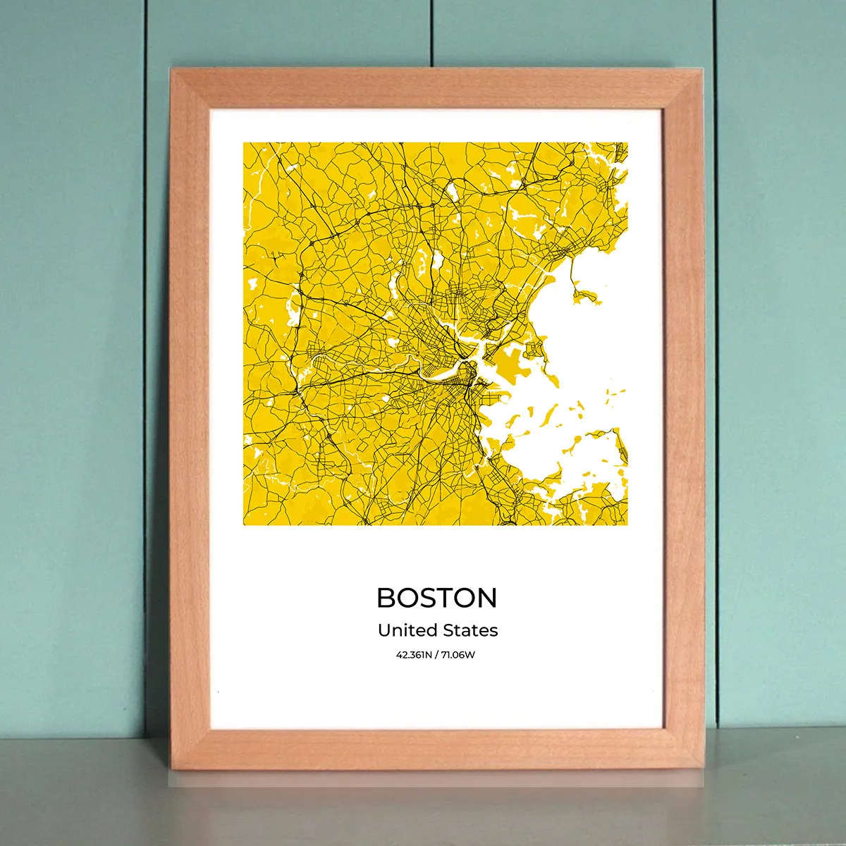 Boston City Map Wall Art Poster with Wooden Frame