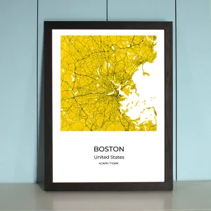 Boston City Map Wall Art Poster with Wooden Frame