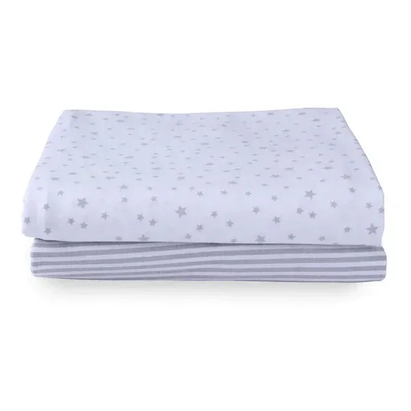 Clair-de-lune Grey/White Stars & Stripes 2 Pack Fitted Pram/Crib Sheets - 90 x 40 cm