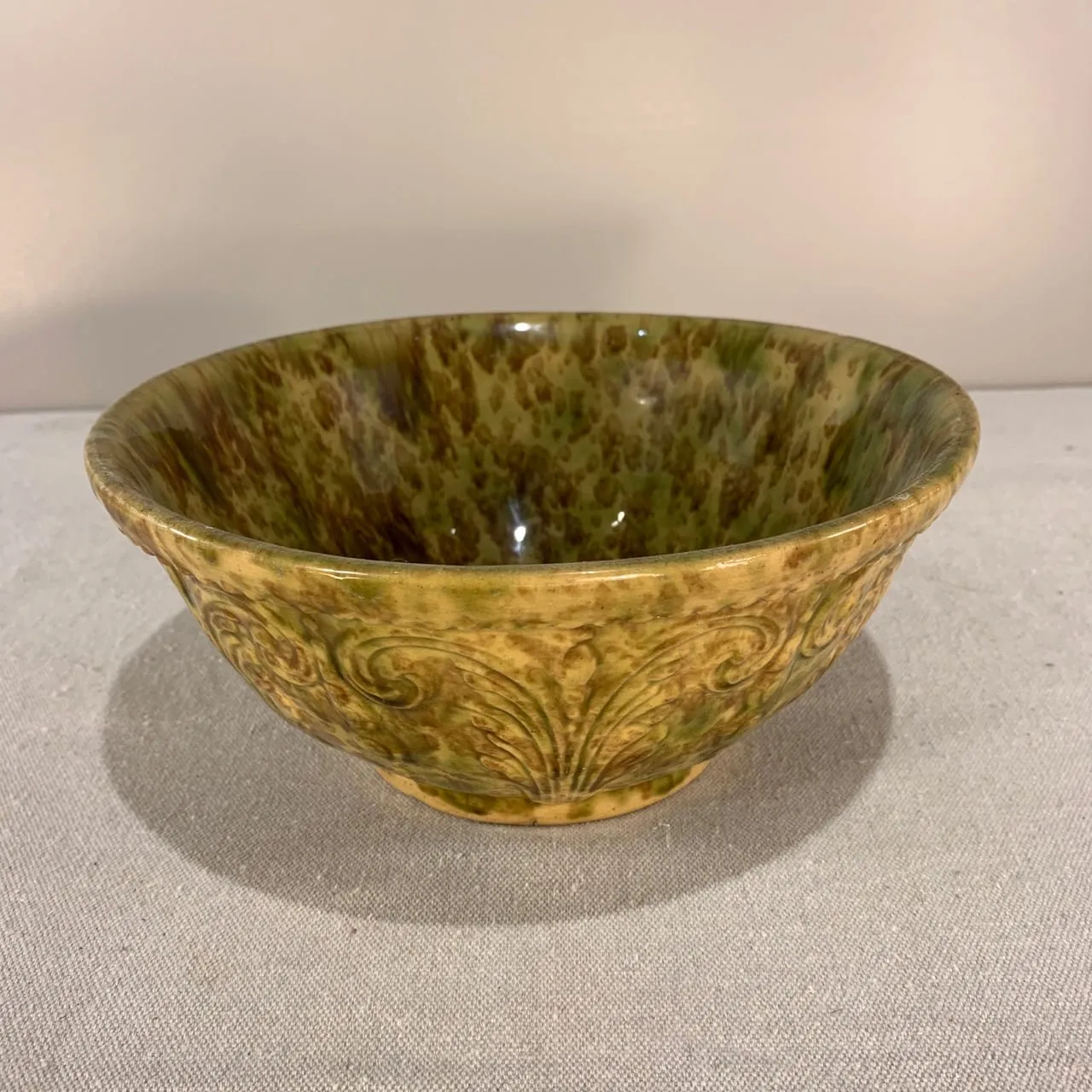 Glazed Ceramic Mixing Bowl, Vintage, Golden, Green