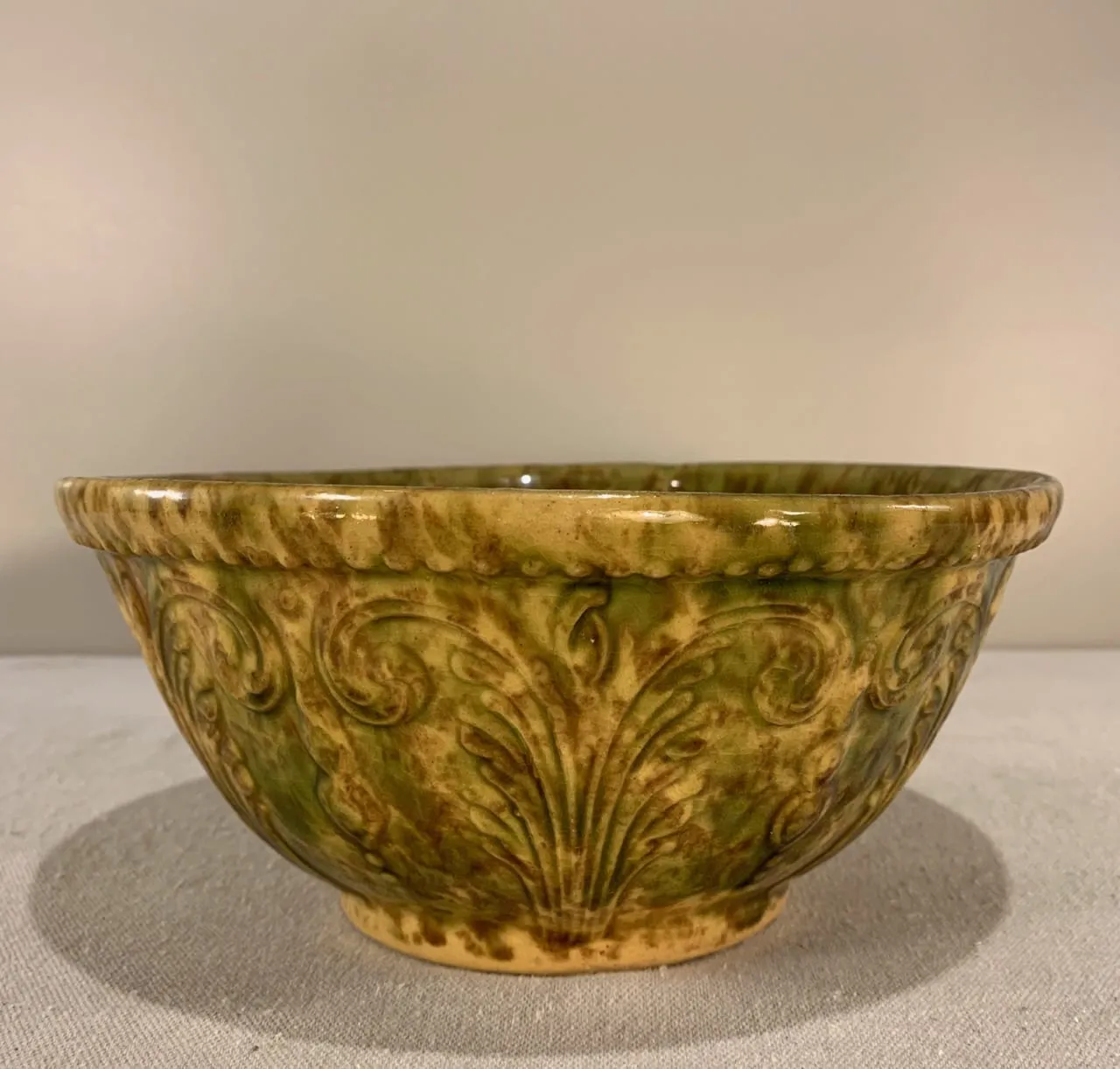 Glazed Ceramic Mixing Bowl, Vintage, Golden, Green