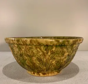 Glazed Ceramic Mixing Bowl, Vintage, Golden, Green