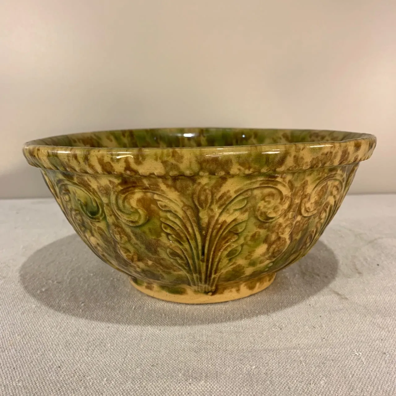 Glazed Ceramic Mixing Bowl, Vintage, Golden, Green