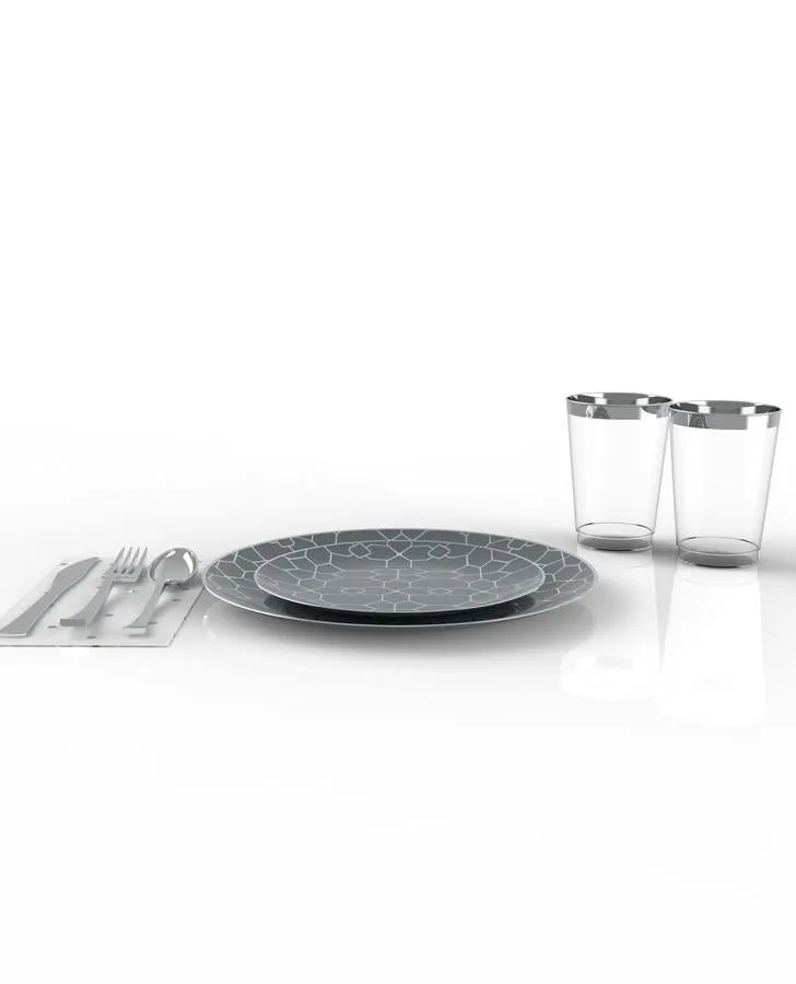 Grey Silver Coupe Pattern 56 Pc Party Set (Setting for 8)