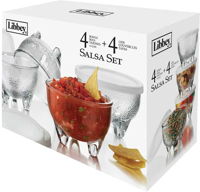 Libbey Salsa Set 4 Glass Bowls 10.8 oz 4 plastic lids
