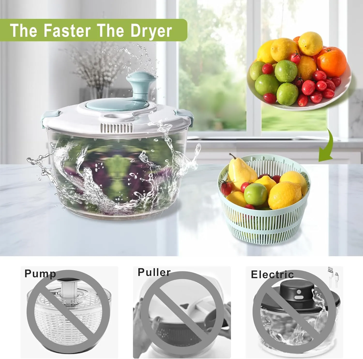 Salad Spinner, 4.8 Quart Large Capacity, Durable Multi-Use Lettuce and Fruit Washer Spinner& Dryer with Built-in Drainage System Bn-link