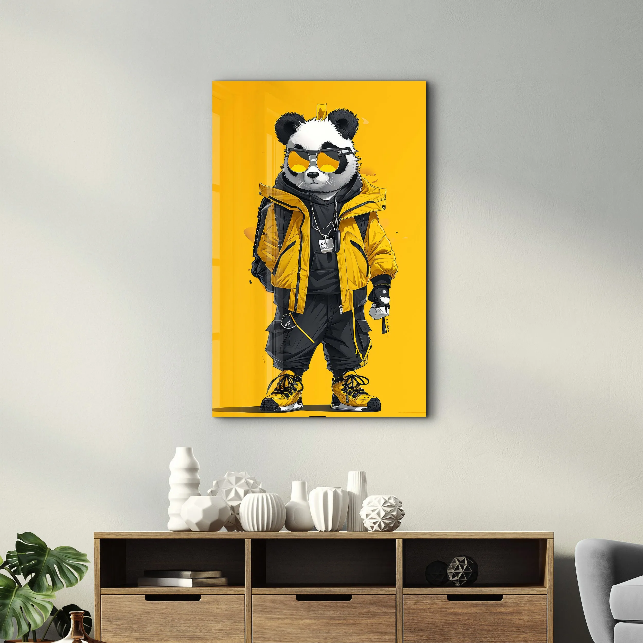 Stylish Panda - Glass Wall Art