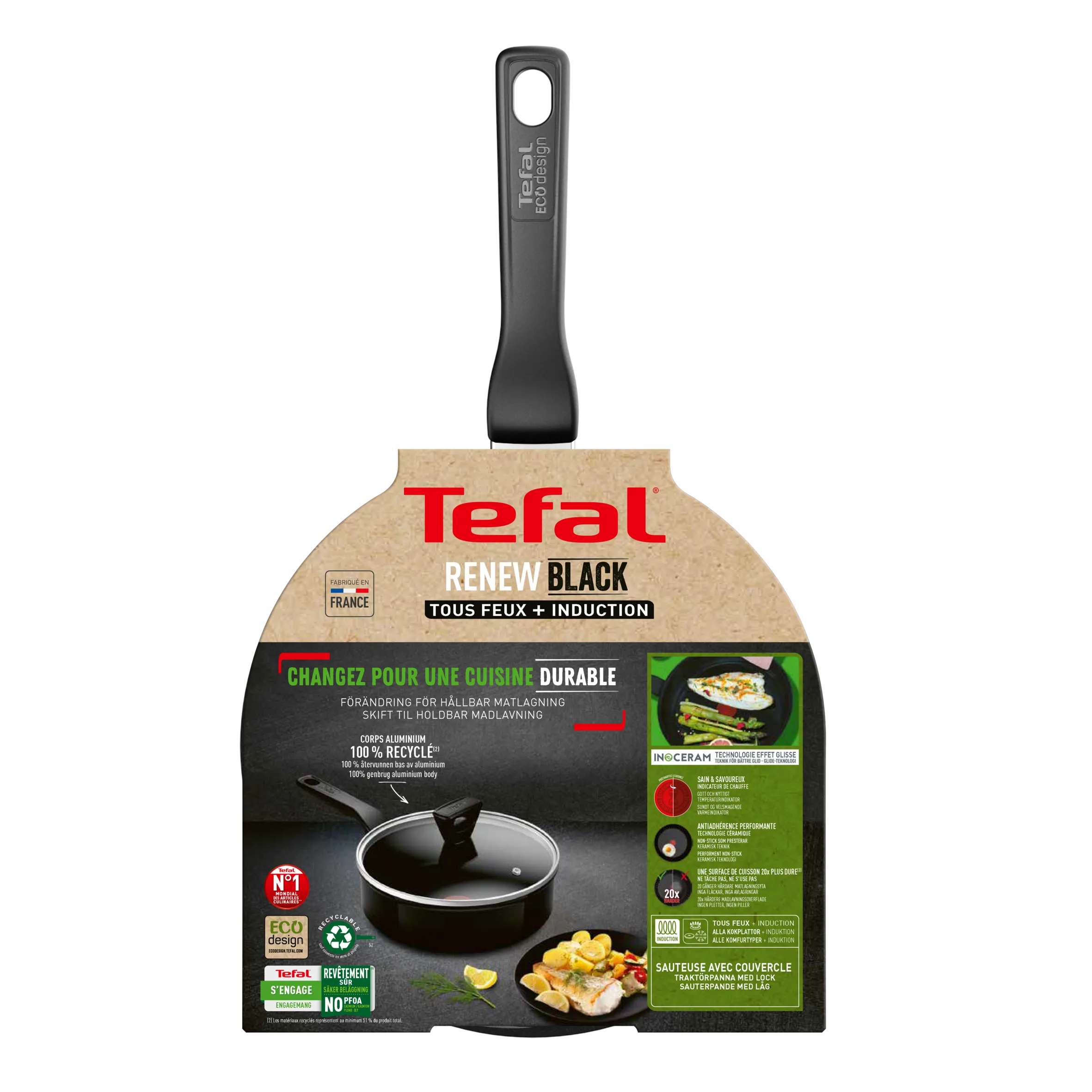 Tefal Renew Black Ceramic Sautepan   Lid 24cm - C4323223 - Ceramic Non-Stick Coating