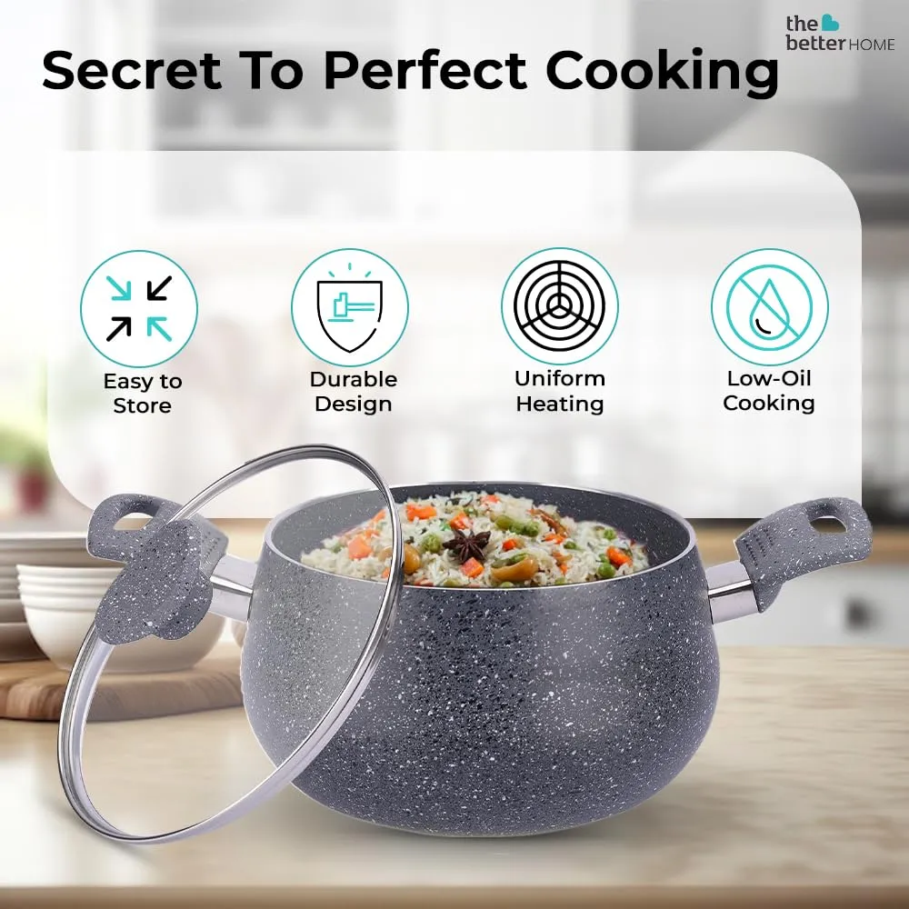 The Better Home Non Stick Handi with Lid (5L) | Big Biryani Handi| Gas Stove Cookware | Durable, Non-Toxic | Easy Grip Handle | Heat Surround Cooking | Large Tope for Cooking|Handi Pot
