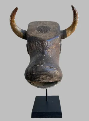 Vintage African Art Wall Decor, Hand-Carved Wood, Bull Mask